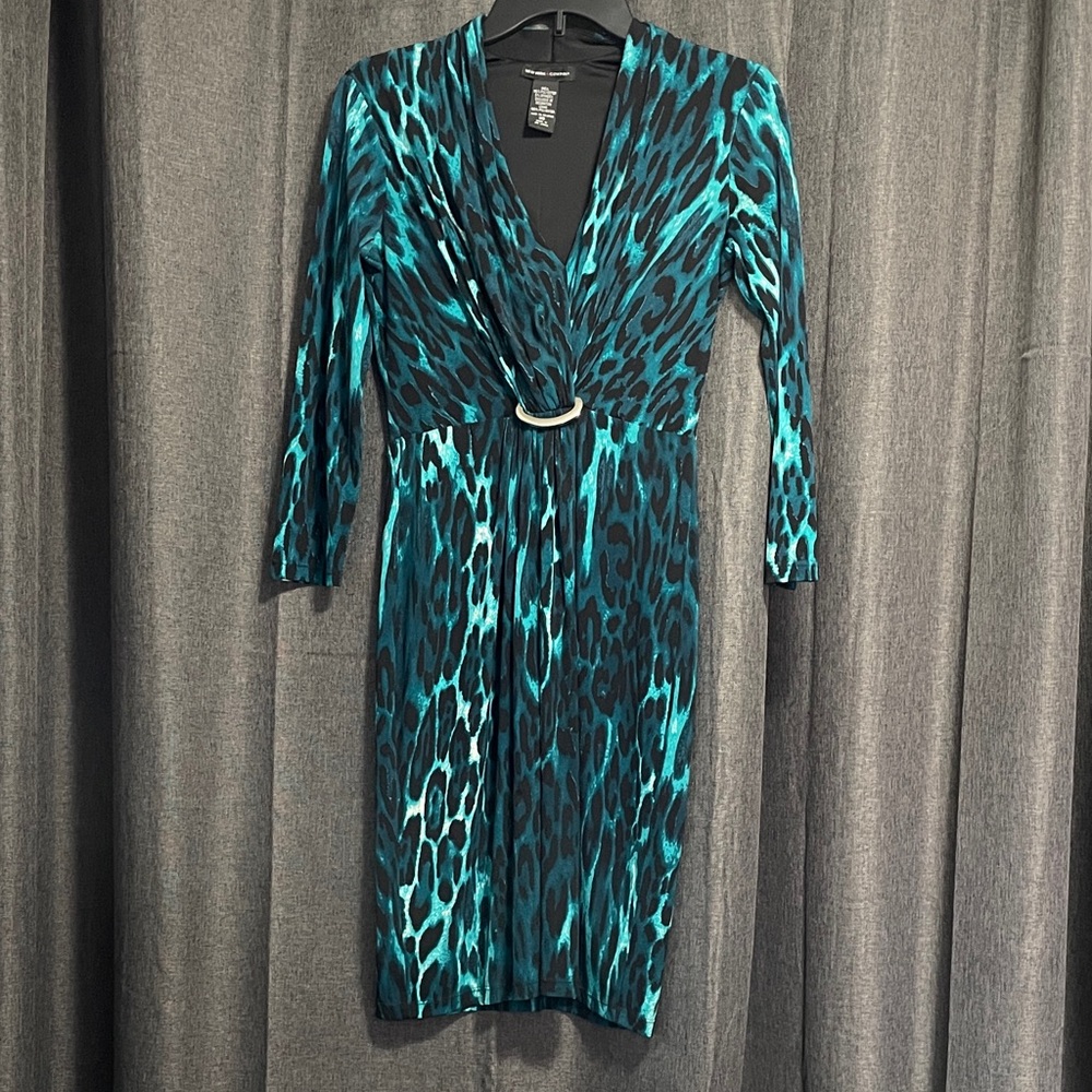 New York & Company Vibrant Teal and Black Patterned Dress